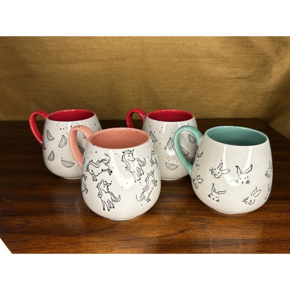 Other - Meritage Set of 4 Mugs Easter Bunny, Unicorn, Watermelon